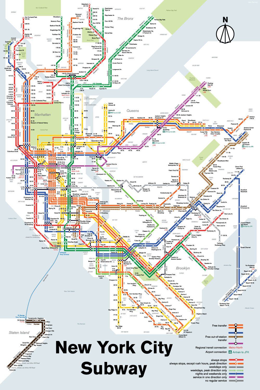Berman offered this version of the current subway system, which was inspired by Massimo Vignelli's iconic design. What Berman has done is combined lines—for instance, the C and E run on the same line along 8th Avenue.<br>